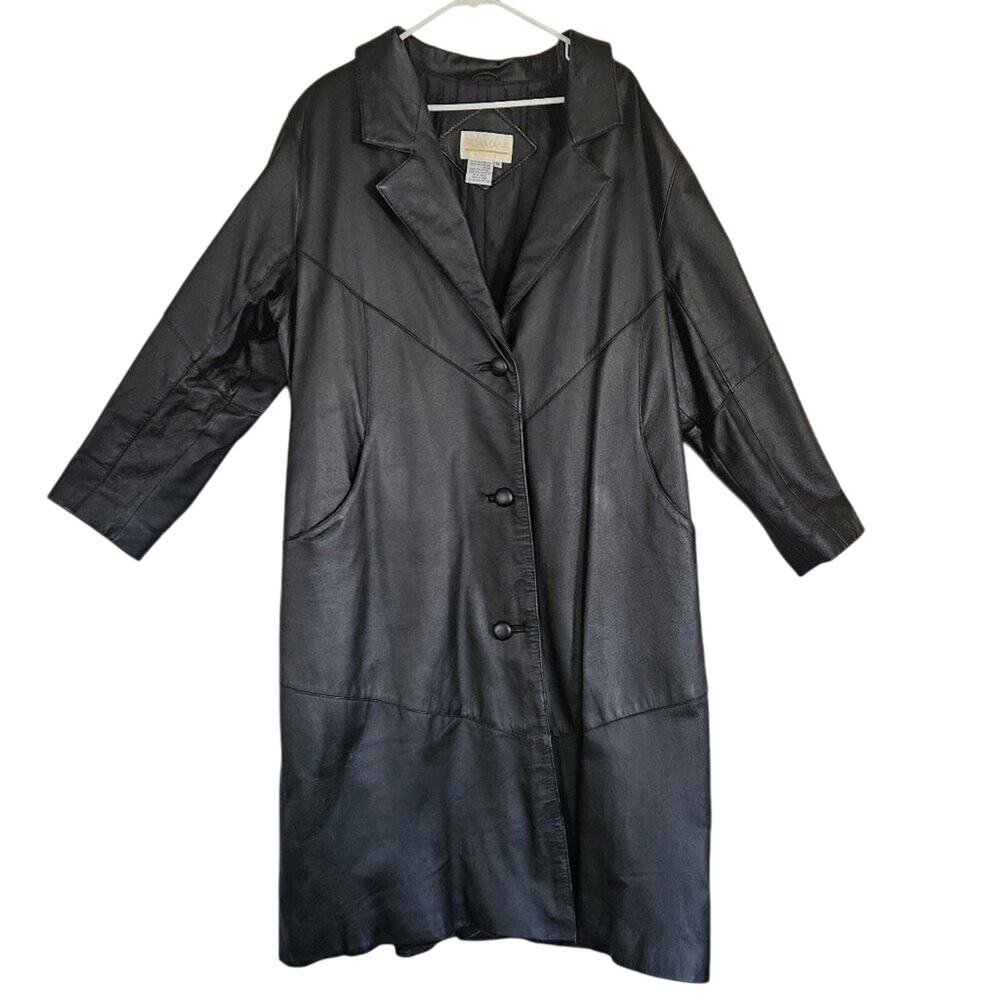 VTG Roaman's Leather Trench Coat V-Neck Collar Pockets Lined Black Size 1X